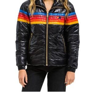Women's Black Puffer Jacket with Multicolor Stripes